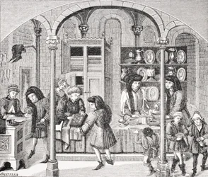 Läden unter einem überdachten Markt, nach einer Miniatur in einer Übersetzung von Aristoteles